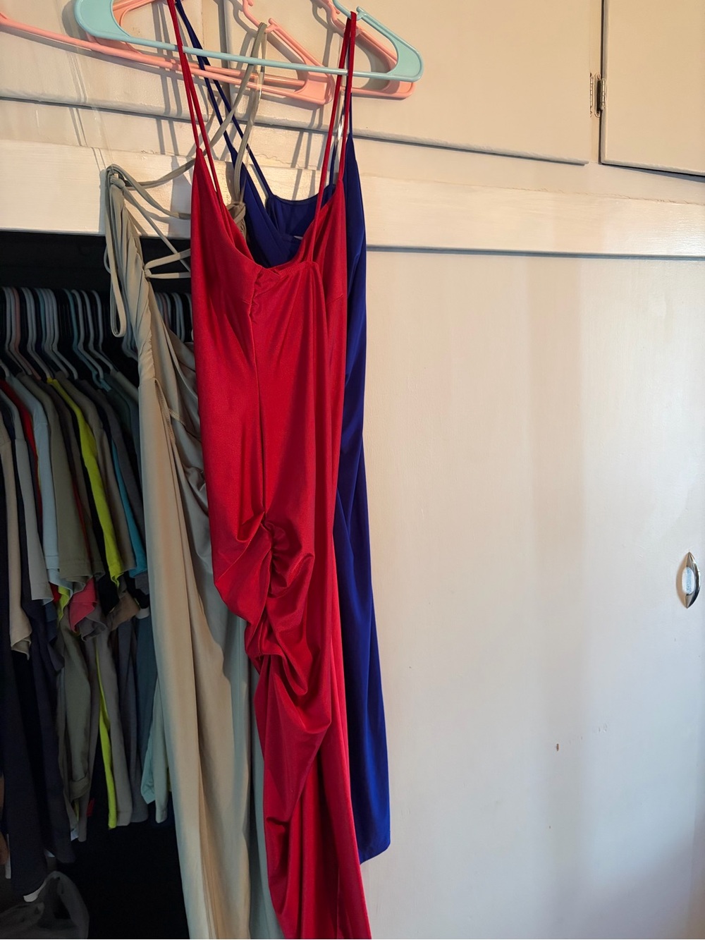 Windsor Red and Blue Satin Asymmetrical Slip Dress
